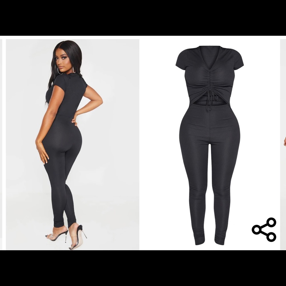 Black Ribbed Ruched Cut Out Jumpsuit - Picture 2 of 4